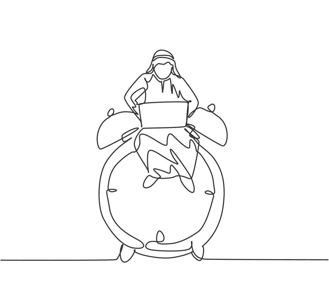 Single continuous line drawing young Arab business man sitting on big analog alarm clock and typing on laptop. Business discipline metaphor concept. One line draw graphic design vector illustration.