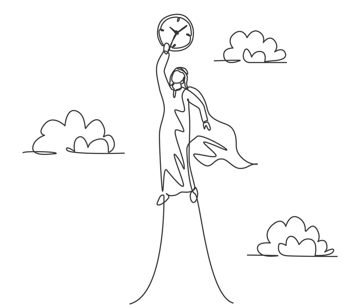 Single one line drawing of young Arabian business man flying to the sky to reach analog clock. Business challenge minimal metaphor concept. Continuous line draw design graphic vector illustration.