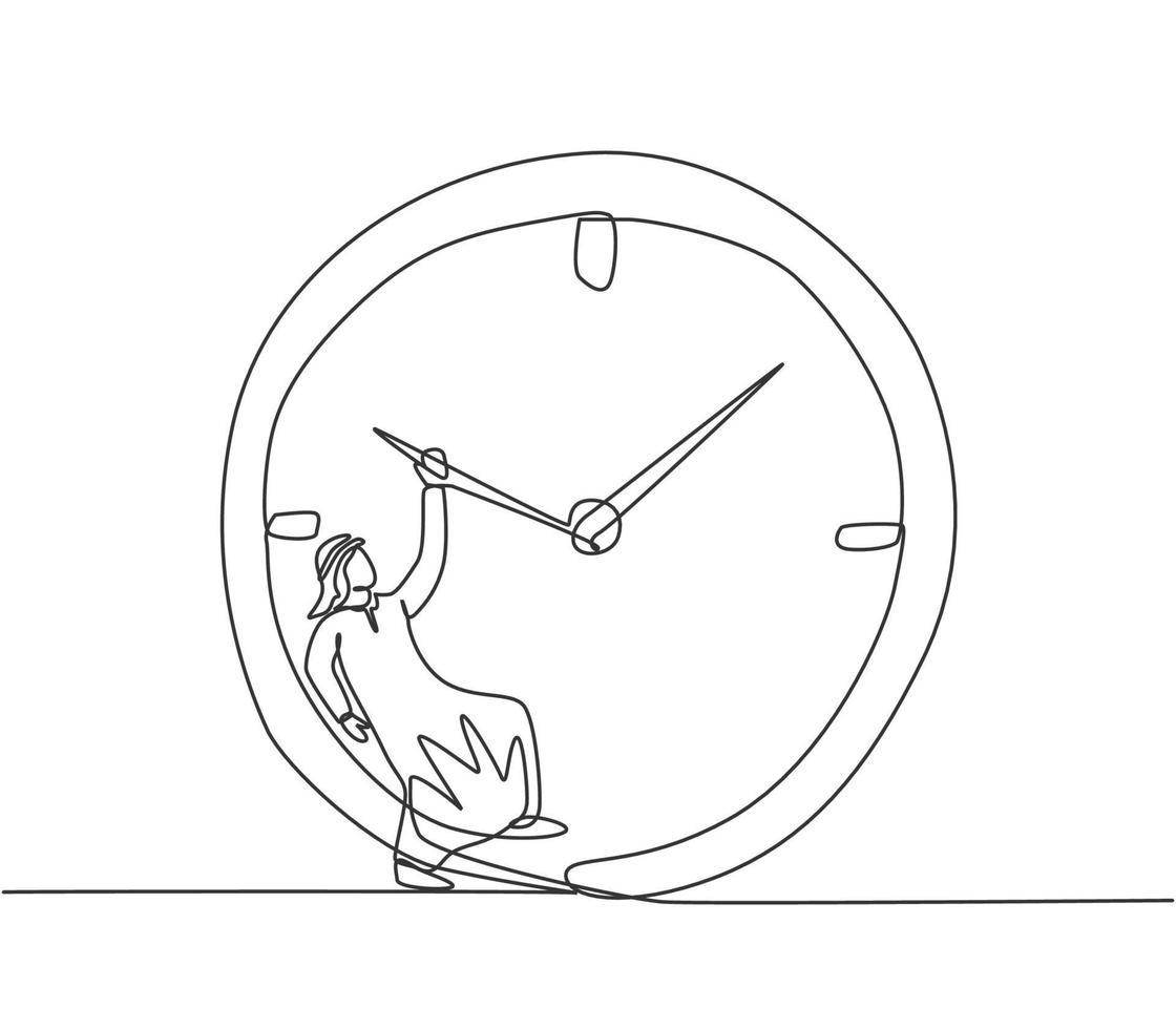 Continuous one line drawing young Arab male worker hanging on clockwise of giant analog clock. Business time discipline metaphor concept. Single line draw design vector graphic illustration.