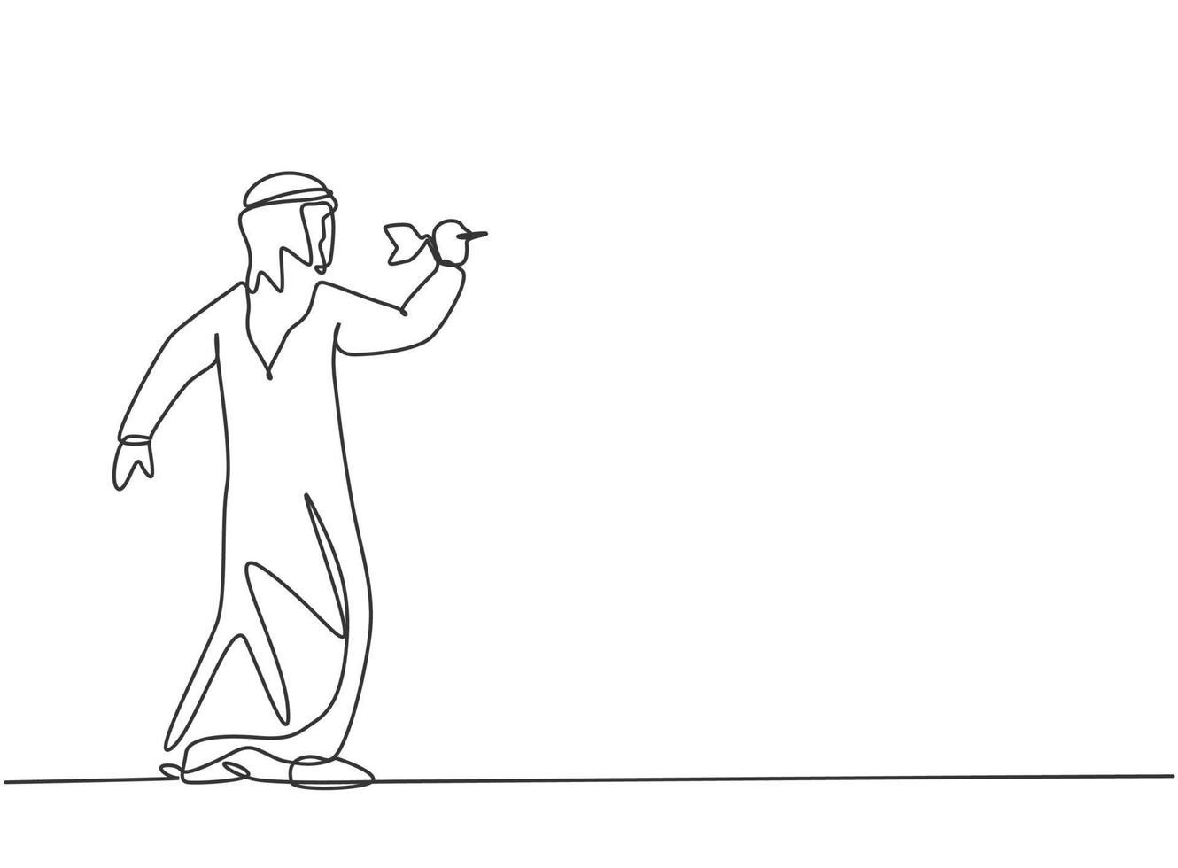 Single continuous line drawing young Arab business man focus to hit target with a dart precise. Business goal management minimalist concept. Dynamic one line draw graphic design vector illustration