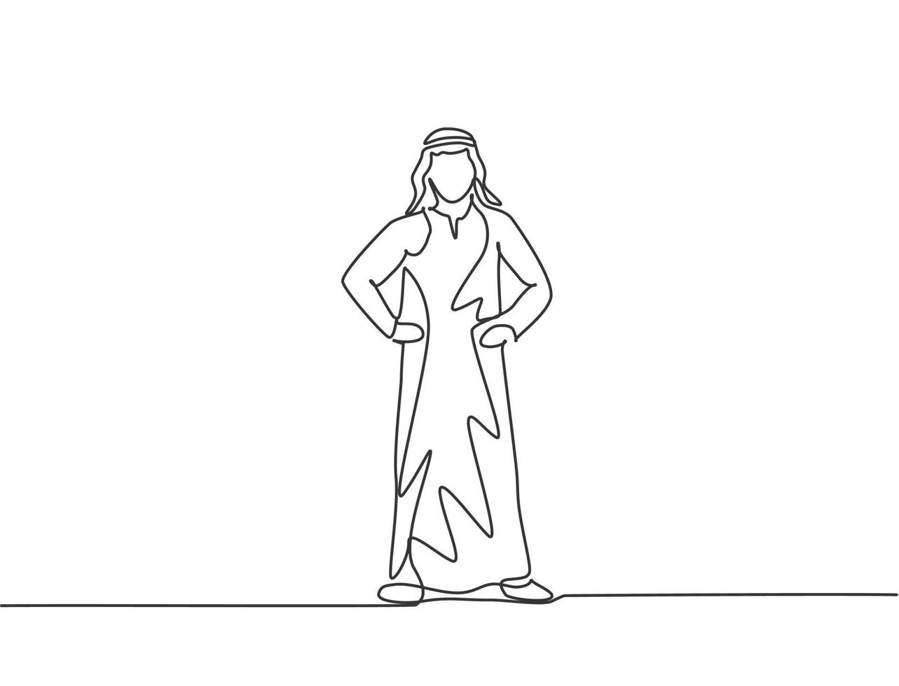 Single one line drawing of young Arabian business man standing on the street thinking of business. Minimalism metaphor business vision concept. Continuous line draw design graphic vector illustration.