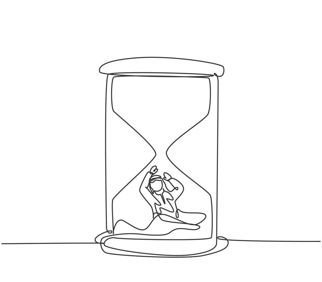 Single one line drawing of young Arabian business man buried inside sandglass asking for help. Minimalism metaphor business deadline concept. Continuous line draw design graphic vector illustration.