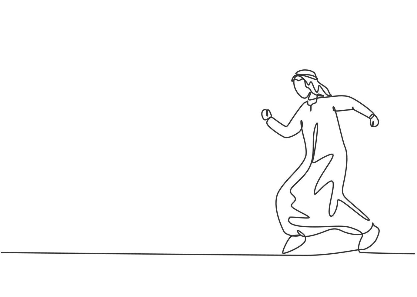Continuous one line drawing young Arab male worker walking on the street to go to his office. Business time discipline metaphor concept.  Single line draw design vector graphic illustration.