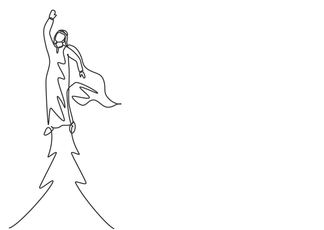 Single continuous line drawing young Arab business man flying high into the sky to reach big goals. Big vision of business target minimalist concept. One line draw graphic design vector illustration.