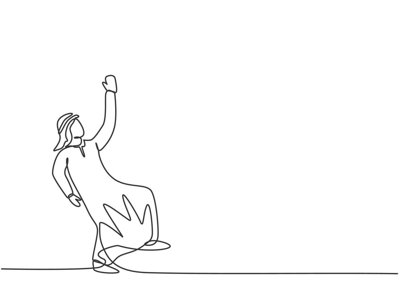 Single one line drawing of young Arabian business man swinging on the sky to reach up his goals. Business challenge minimal metaphor concept. Continuous line draw design graphic vector illustration.