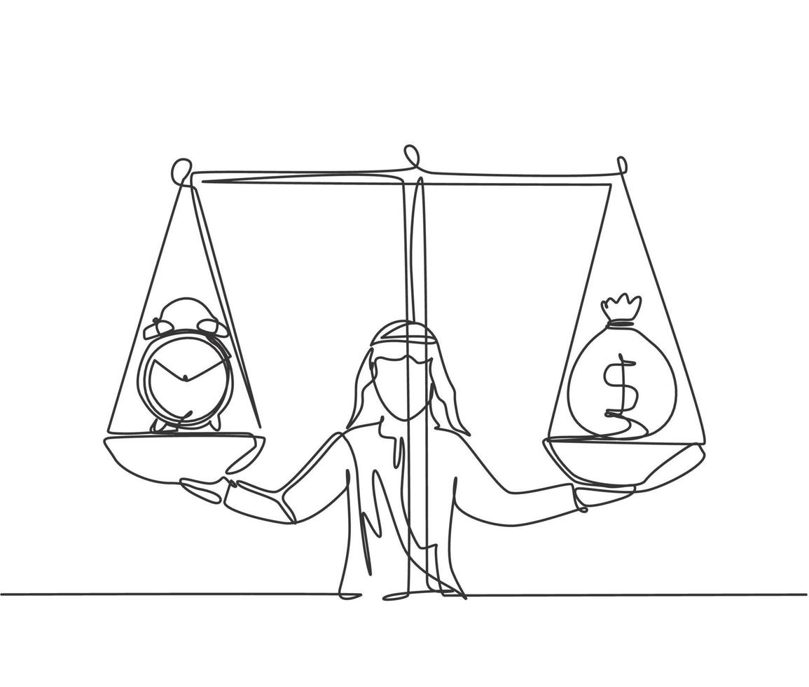 Single one line drawing of young Arabian business man weight money bag and clock with scale. Minimalism metaphor business deadline concept.  Continuous line draw design graphic vector illustration.