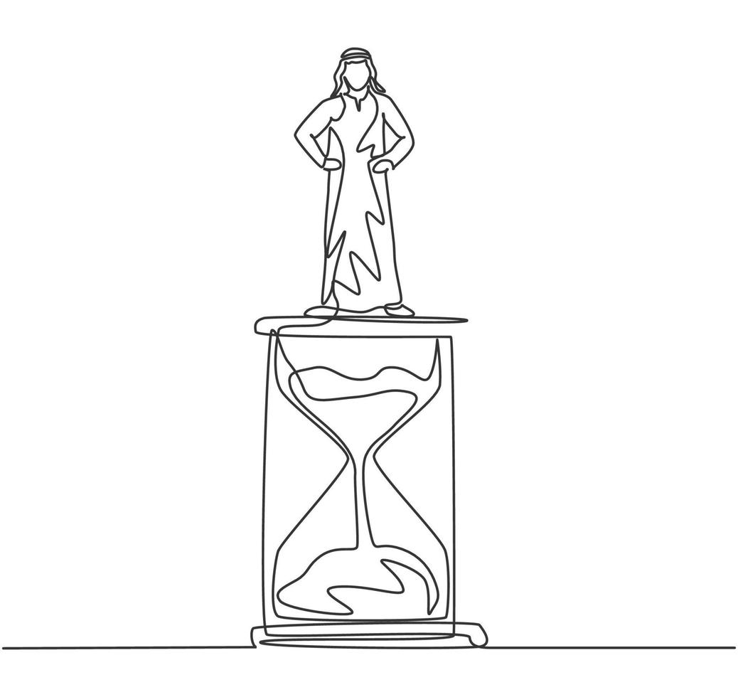 Single continuous line drawing young Arab business man standing above hourglass. Sandglass to show time management business minimalist concept. Dynamic one line draw graphic design vector illustration