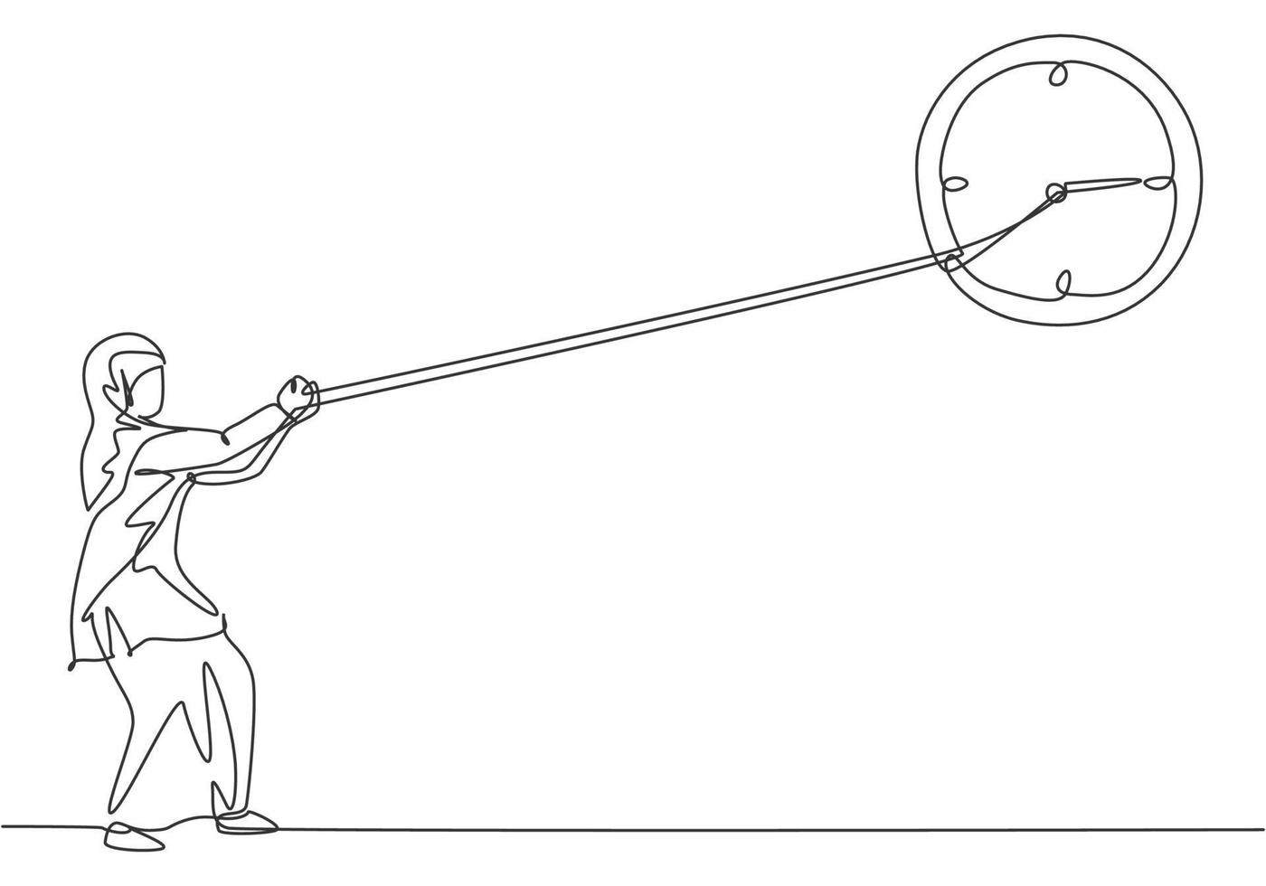 Continuous one line drawing young Arab female worker pulling clockwise of big analog wall clock with rope. Time management minimalist concept. Single line draw design vector graphic illustration.