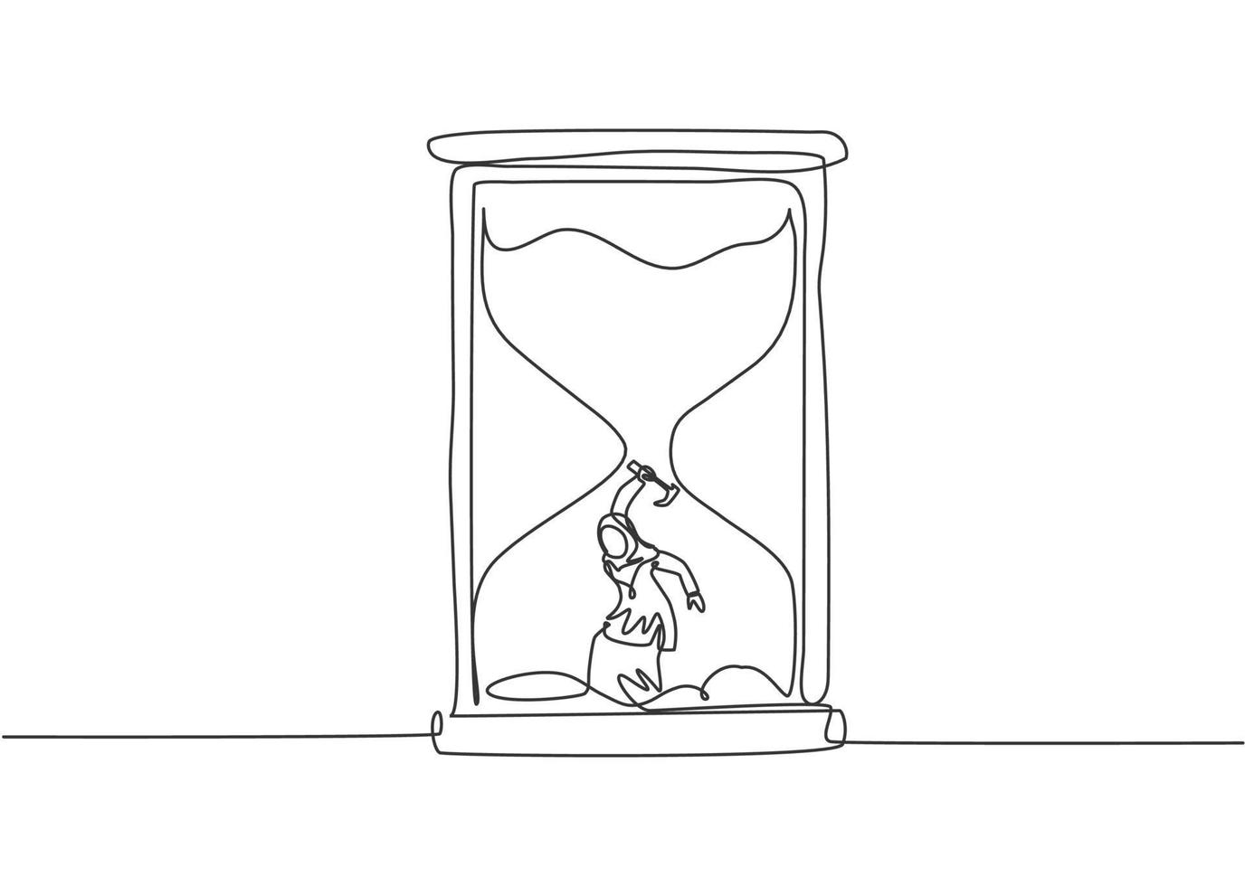 Single continuous line drawing young Arab business woman digging treasure inside hourglass. Getting a new business idea minimalist concept. Dynamic one line draw graphic design vector illustration.