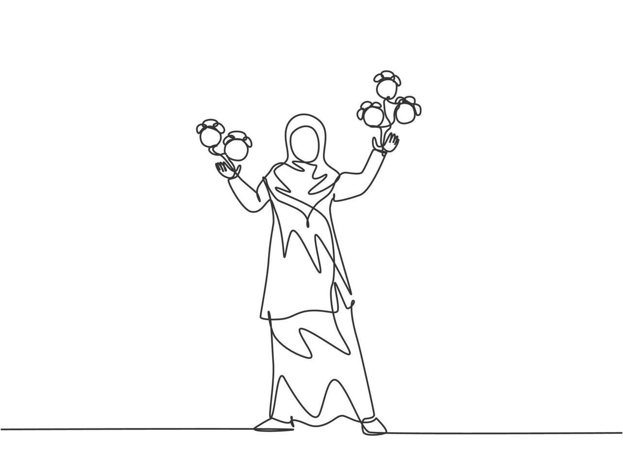 Single one line drawing of young Arabian business woman juggling alarm analog clock with her hands. Business time discipline metaphor concept. Continuous line draw design graphic vector illustration.