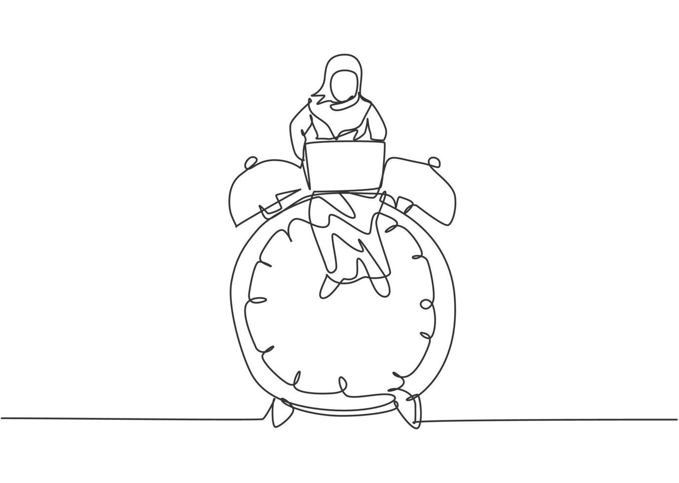 Single continuous line drawing young Arab business woman sitting on big analog alarm clock and typing on laptop. Business discipline metaphor concept. One line draw graphic design vector illustration.