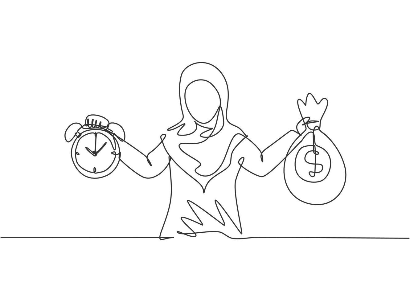 Continuous one line drawing young Arab female worker holding money bag and alarm clock with her hands. Minimalism metaphor business concept. Single line draw design vector graphic illustration.