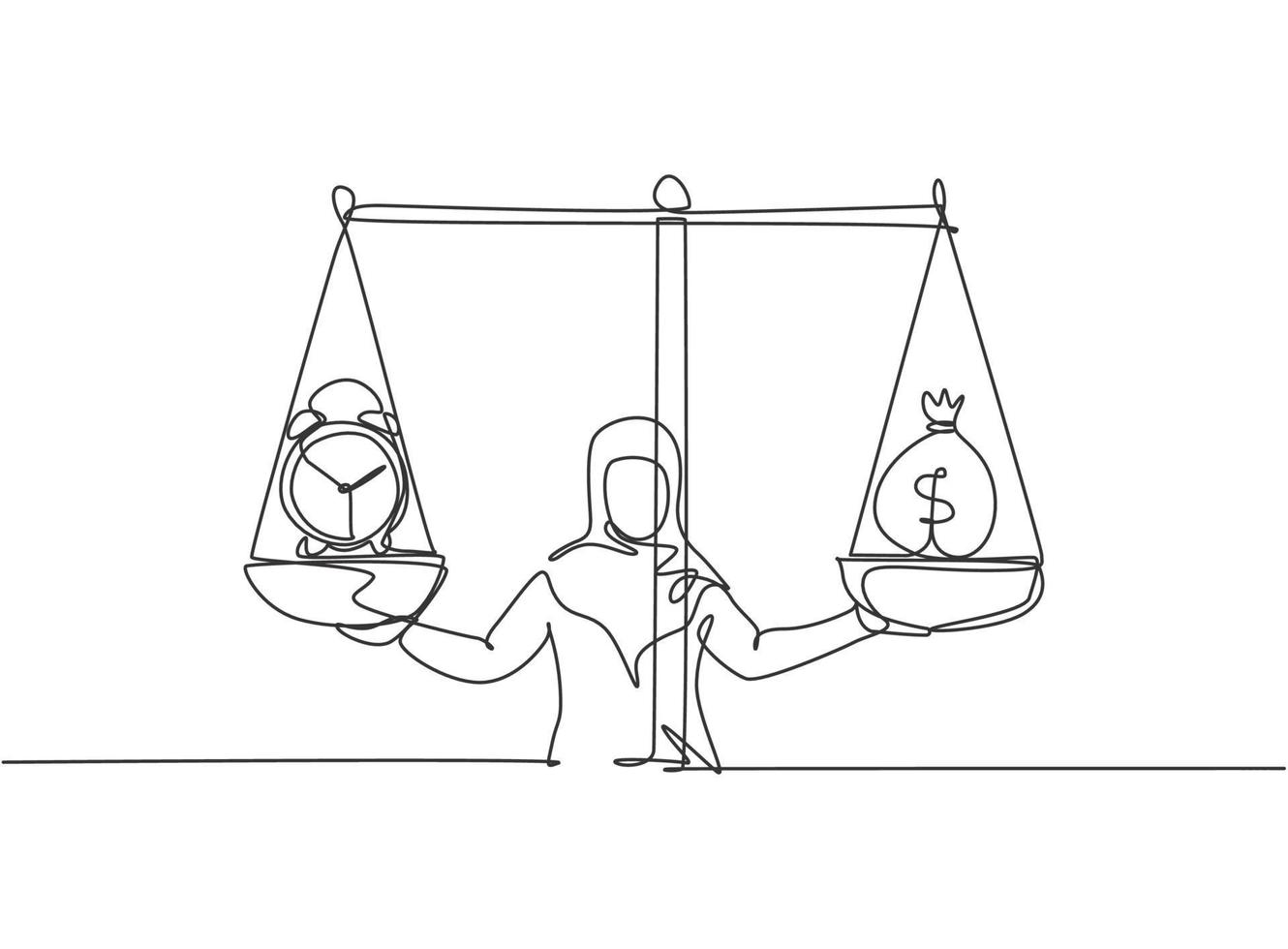 Single one line drawing of young Arabian business woman weight money bag and analog clock with scale. Minimalism metaphor business concept. Continuous line draw design graphic vector illustration.