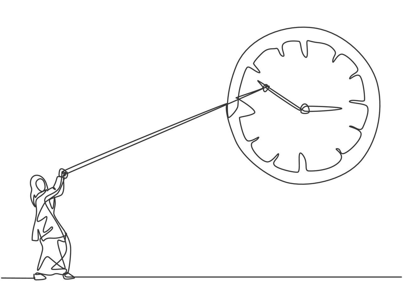Dibujo de línea continua única joven mujer de negocios árabe tirando en el sentido de las agujas del reloj del gran reloj de pared analógico con cuerda. concepto minimalista de gestión del tiempo. Ilustración de vector de diseño gráfico de dibujo de una línea.