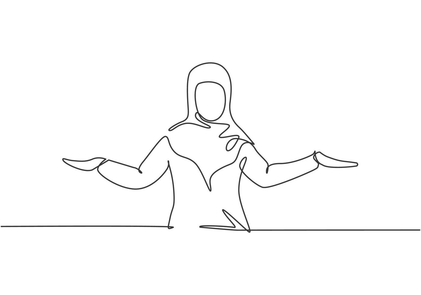 Single one line drawing of young Arabian business woman stretched out her arms. Business presentation to find out solution minimalist concept. Continuous line draw design graphic vector illustration.