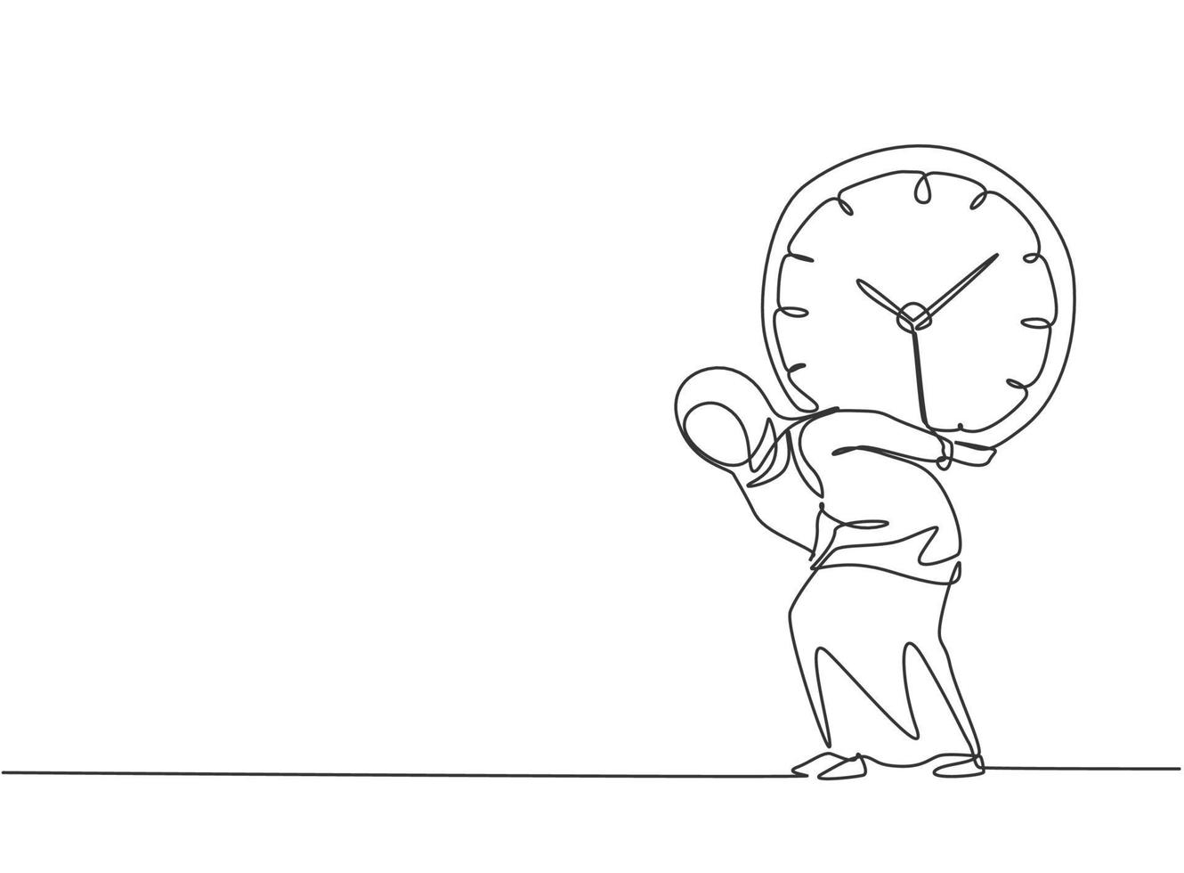 Single one line drawing of young Arabian business woman shouldered heavy big analog clock with her back. Business discipline metaphor concept. Continuous line draw design graphic vector illustration.