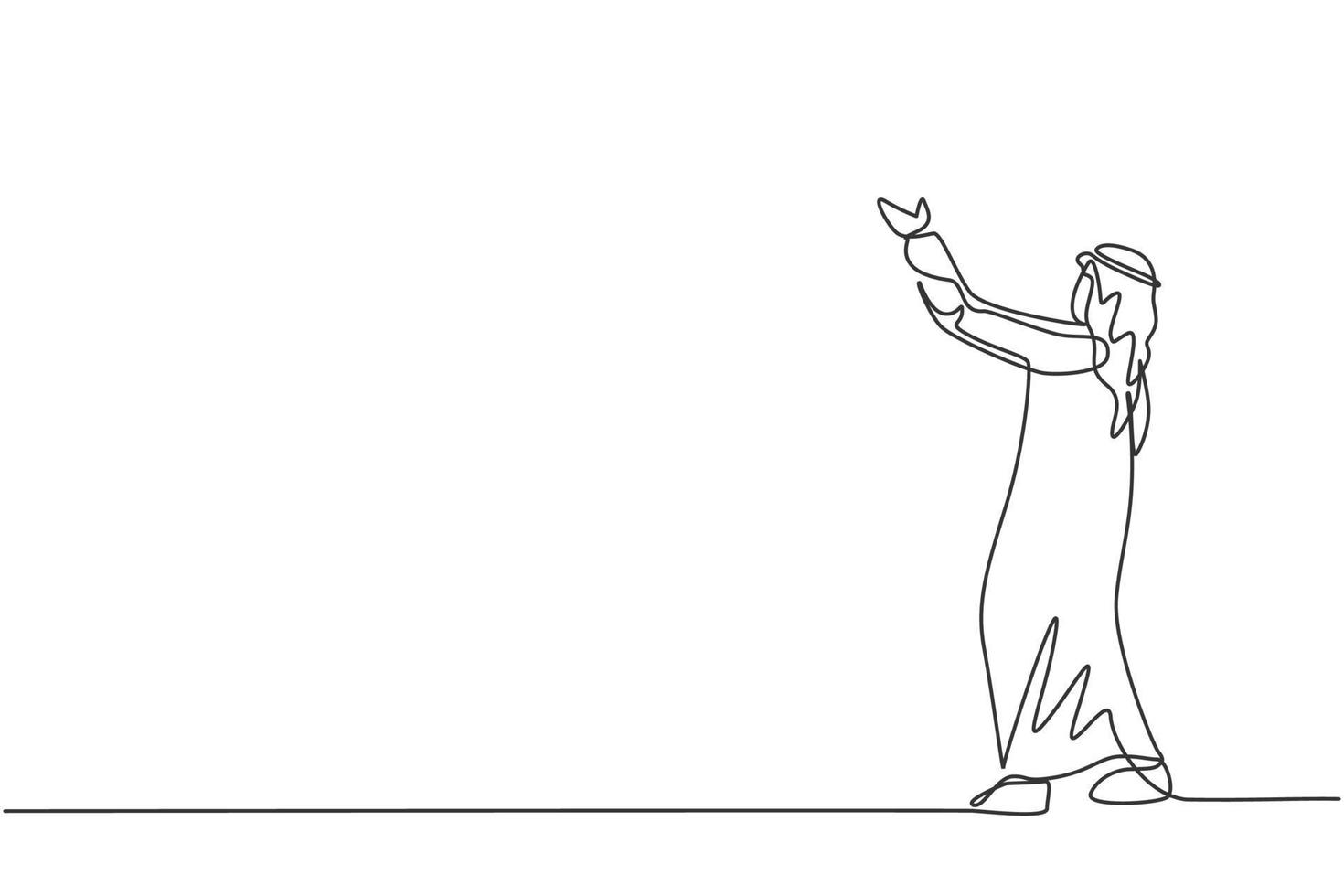 Single continuous line drawing of young Arabian businessman lifting his hands upward sky to pray to the God. Prayer worker. Minimalism concept dynamic one line draw graphic design vector illustration