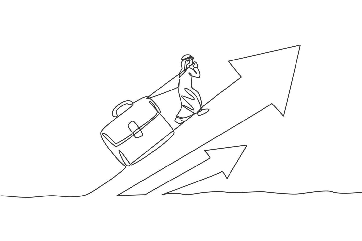 Single one line drawing young Arabic businessman climb up arrow sign while pulling leather briefcase. Business hard work minimal concept. Modern continuous line draw design graphic vector illustration