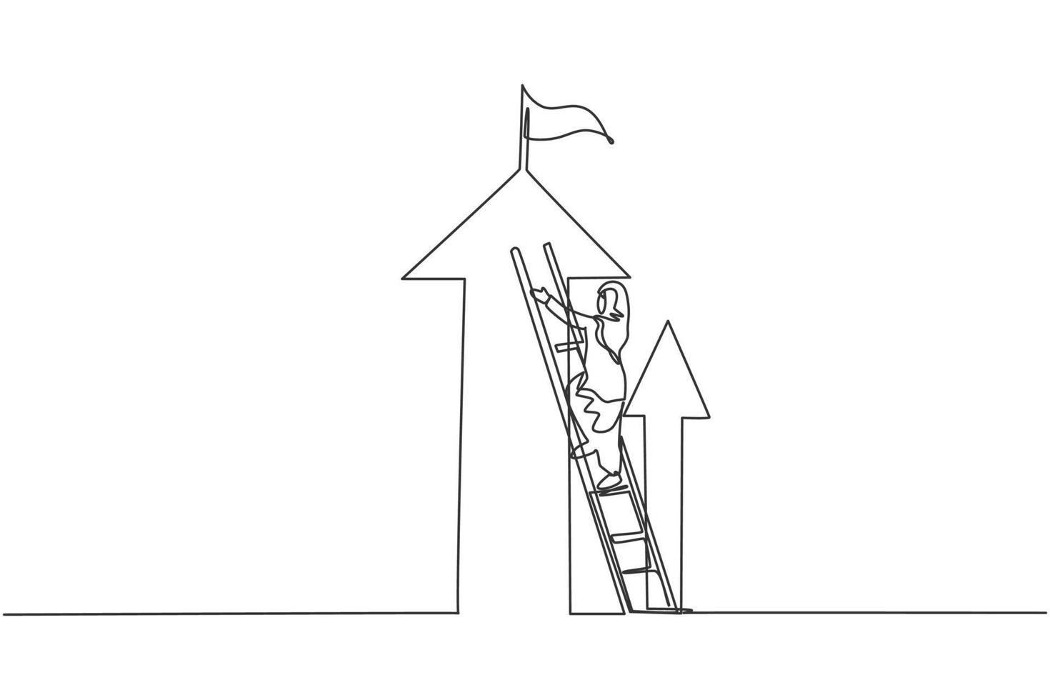 Continuous one line drawing of young female Arabic worker climb ladder to reach top of arrow symbol up. Success manager minimalist concept. Trendy single line draw design vector graphic illustration