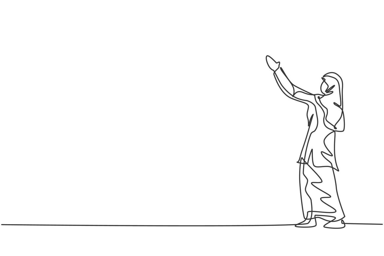 dibujo de línea continua única de joven trabajador árabe de belleza levantando las manos hacia el cielo. empresaria profesional. concepto de minimalismo dinámico dibujo de una línea diseño gráfico ilustración vectorial vector