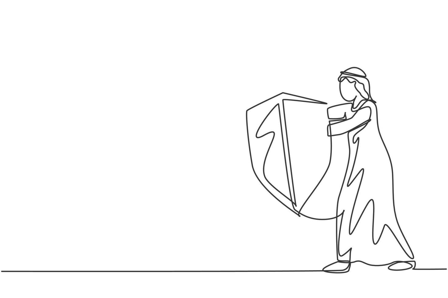 Single one line drawing of young Arabian male entrepreneur holding metal shield to protect from threat. Business resilience minimal concept. Continuous line draw design graphic vector illustration