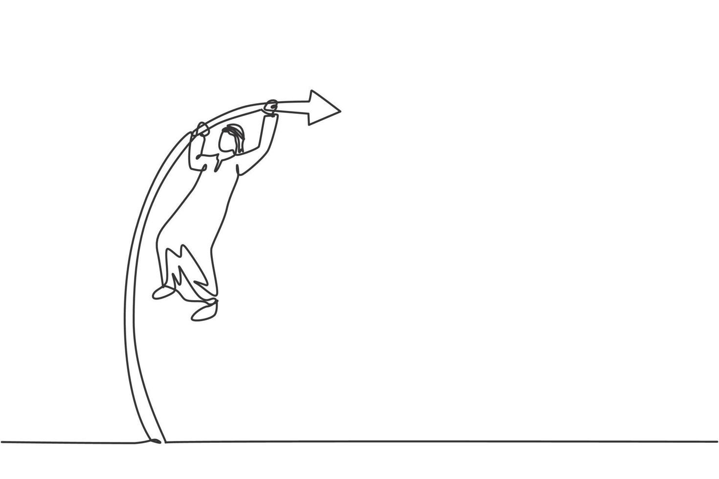 Single one line drawing of young attractive Arabic male entrepreneur jumping high using pole vault. Business leap growth minimal concept. Modern continuous line draw design graphic vector illustration