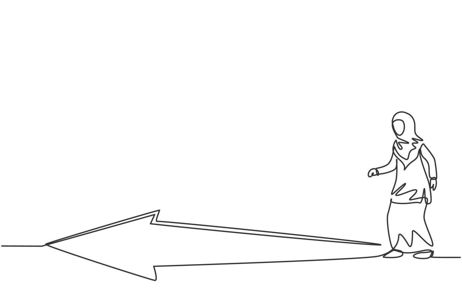 Continuous one line drawing of young Arabic female worker walking carefully follow arrow path. Success business manager minimalist concept. Trendy single line draw design vector graphic illustration