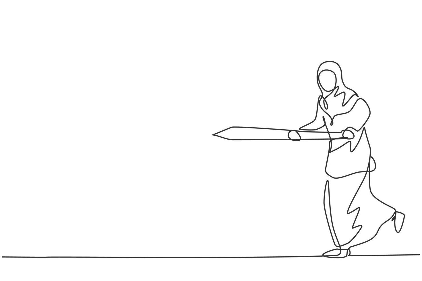 Continuous one line drawing young Arabic female worker running while holding sword to hit goal target. Success business manager minimalist concept. Single line draw design vector graphic illustration