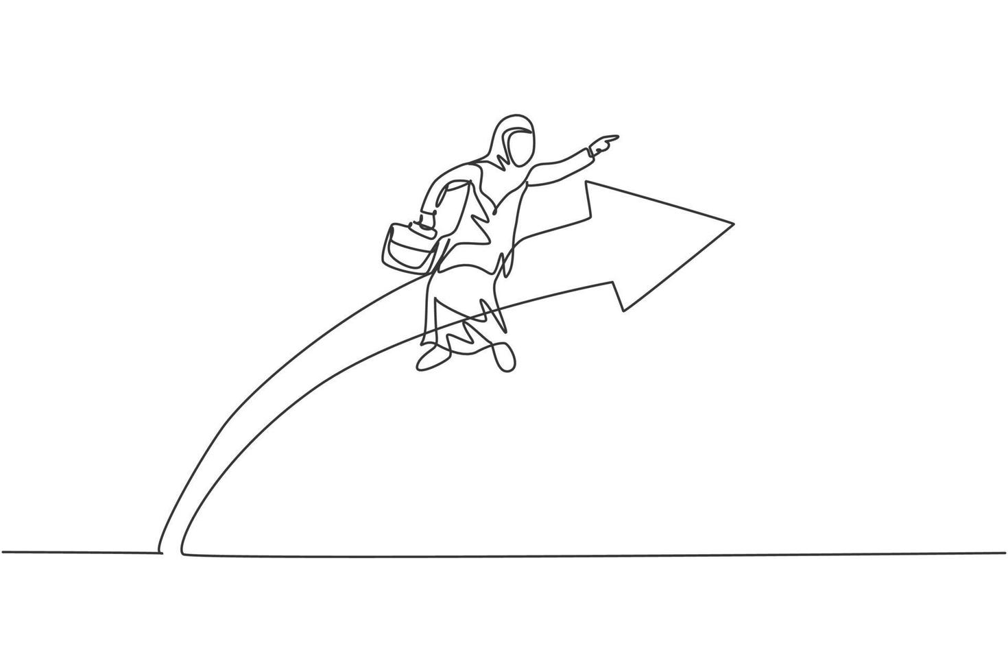 dibujo continuo de una línea de joven trabajadora árabe sentada en el símbolo de la flecha y volando. concepto minimalista de gerente de negocios de éxito. Ilustración gráfica de vector de diseño de dibujo de línea única de moda