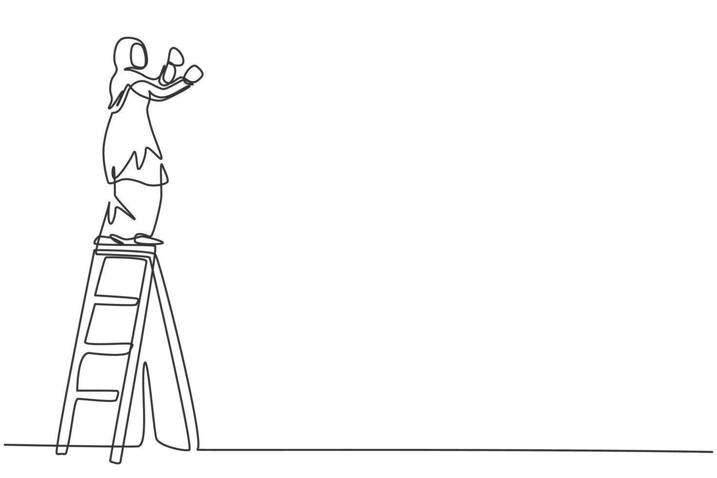 Continuous one line drawing of young Arabic female worker climb the ladder to fix rooftop house. Success business manager minimalist concept. Trendy single line draw design vector graphic illustration