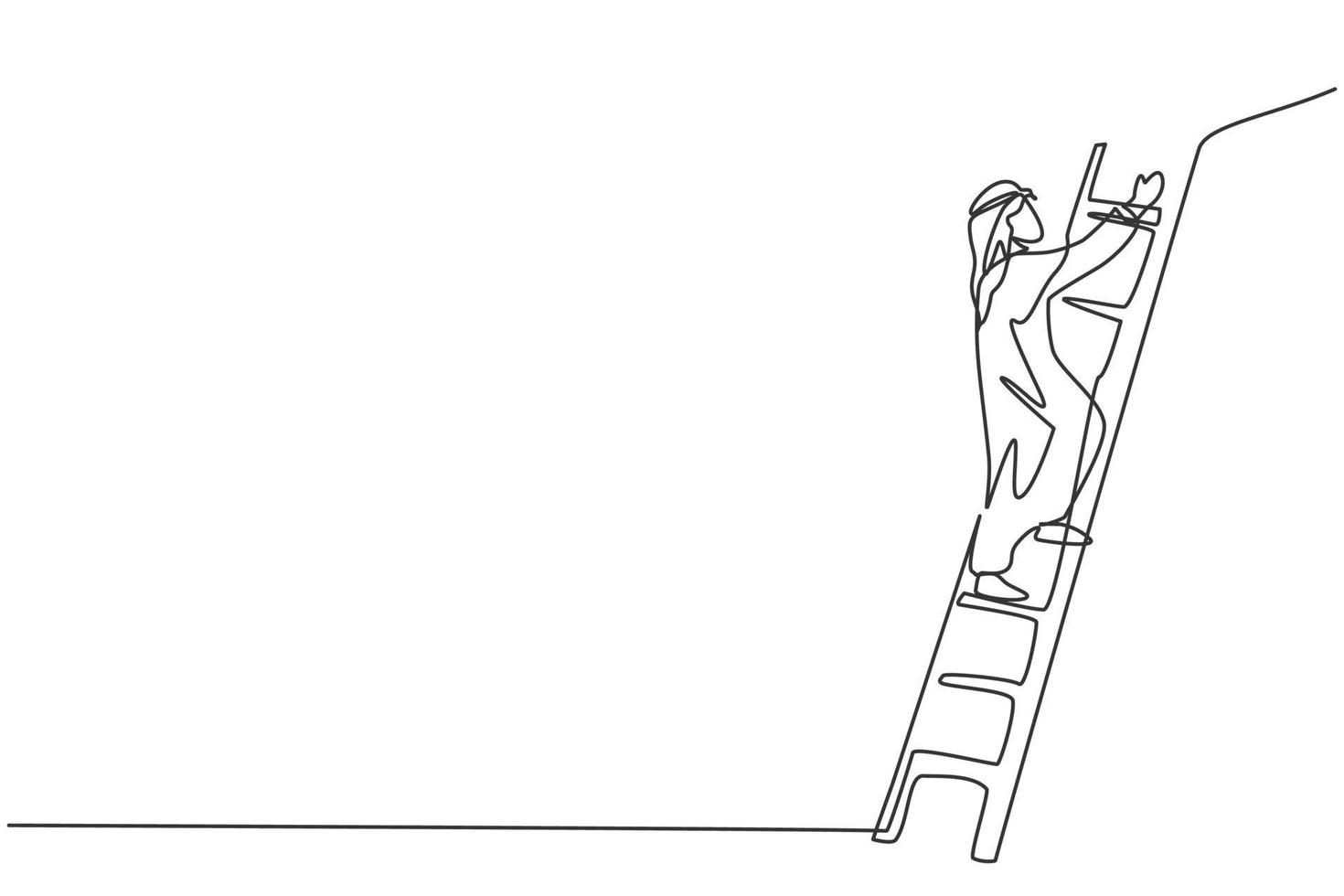 Continuous one line drawing of young Arab businessman climb the ladder up to pass the wall. Business solution metaphor minimalist concept. Trendy single line draw design vector graphic illustration