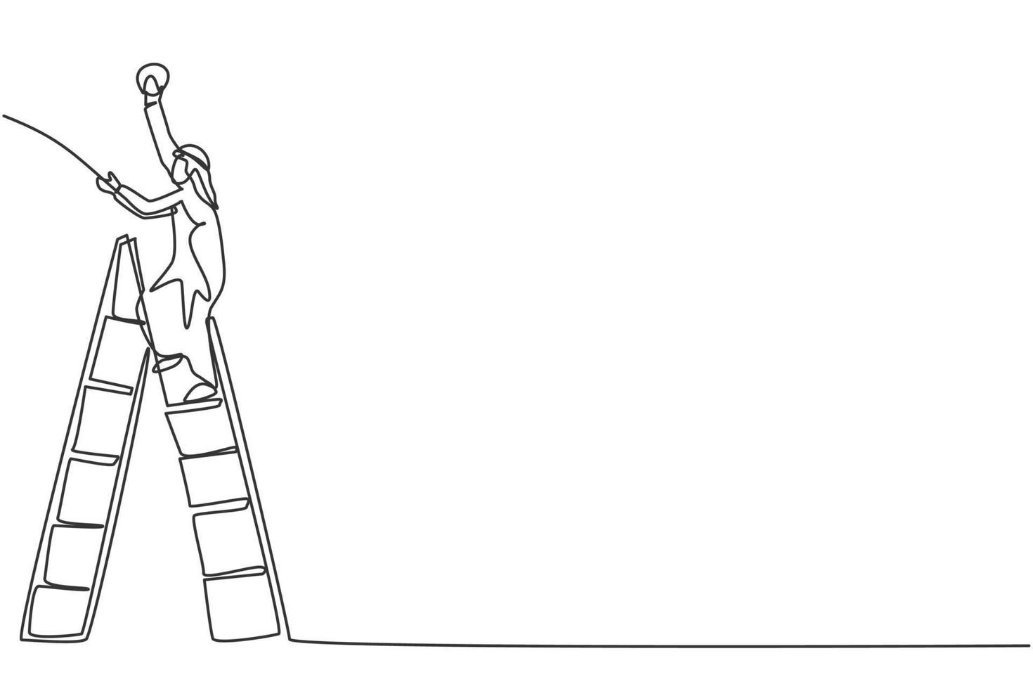 Single continuous line drawing of young Arabian handyman climb the ladder up to fix a bulb lamp. Professional worker. Minimalism concept dynamic one line draw graphic design vector illustration