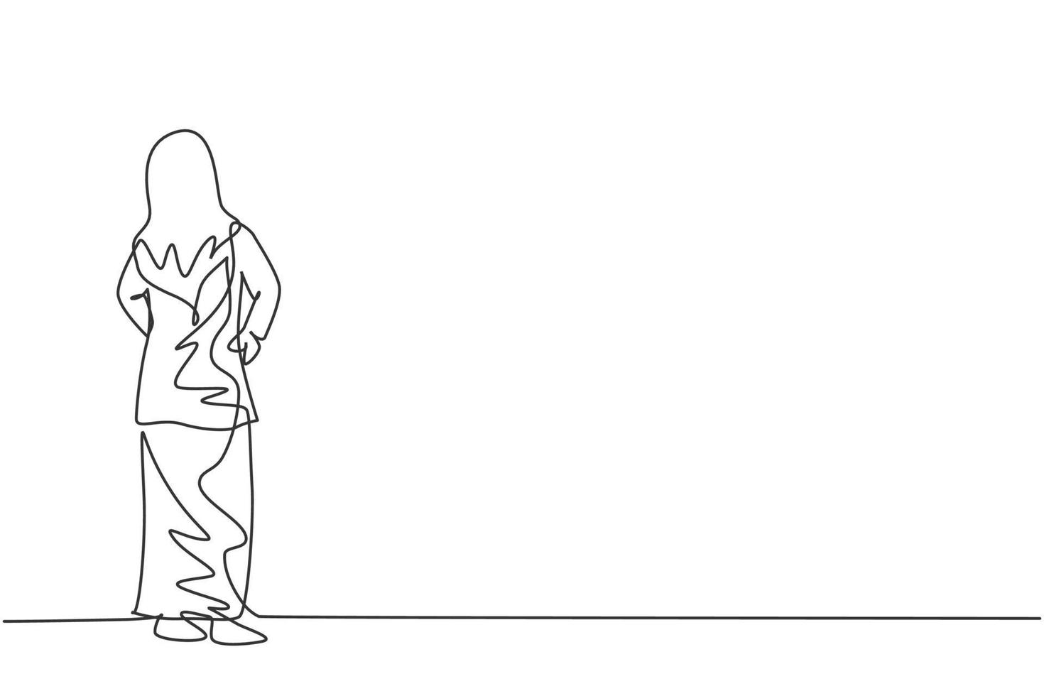Single continuous line drawing of young beauty Arabian female manager looking back, rear view. Professional businesswoman. Minimalism concept dynamic one line draw graphic design vector illustration