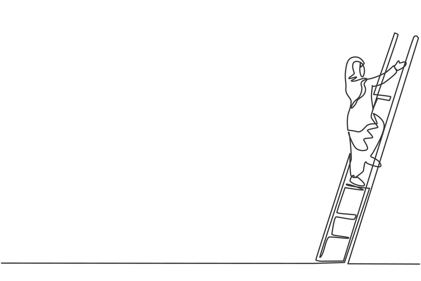 Single one line drawing of young smart Arab business woman climb the ladder up carefully, metaphor. Business growth minimal concept. Modern continuous line draw design graphic vector illustration
