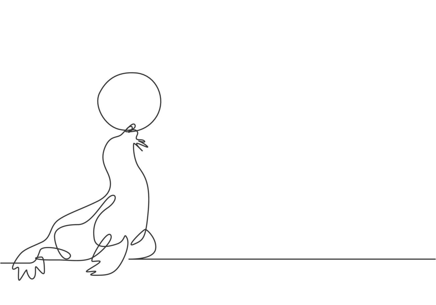 Single continuous line drawing a sea lion playing a stunt with a white ball in its mouth. Sea lions are highly trained in performance. Dynamic one line draw graphic design vector illustration.