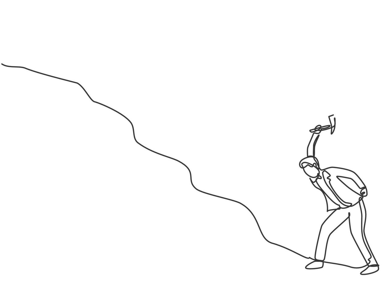 Single continuous line drawing young business man digging treasure on the uphill street with hammer. Getting a new business idea minimalist concept. One line draw graphic design vector illustration.