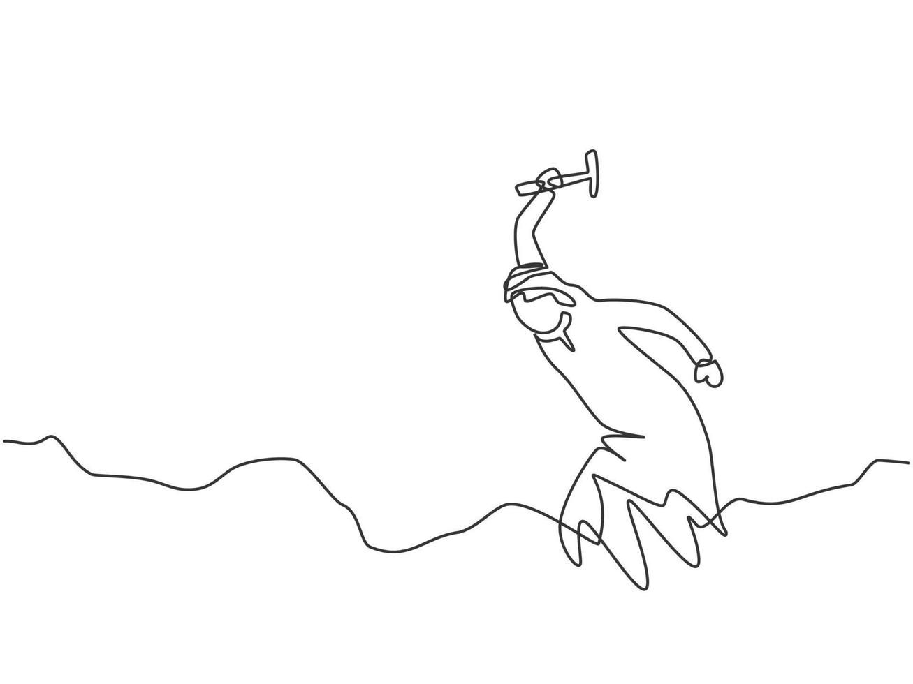 Single continuous line drawing young Arab business man digging treasure on the street with hammer. Getting a new business idea minimalist concept. One line draw graphic design vector illustration.