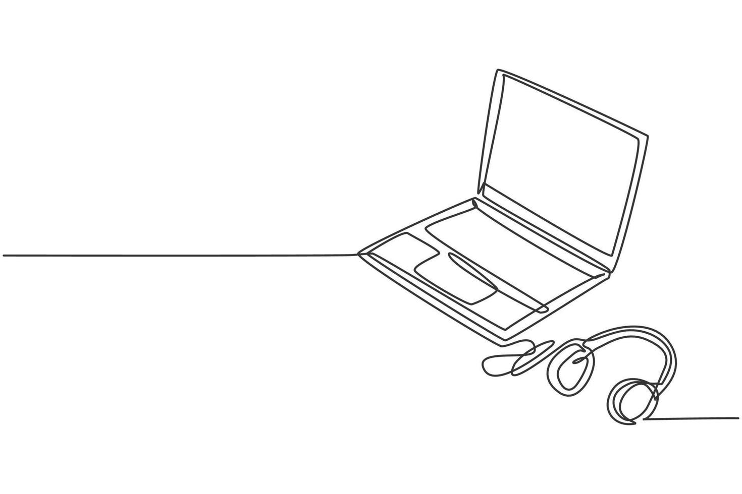 One single line drawing of thin laptop with headphone beside. Electricity home entertainment portable computer tools concept. Dynamic continuous line graphic draw vector design illustration