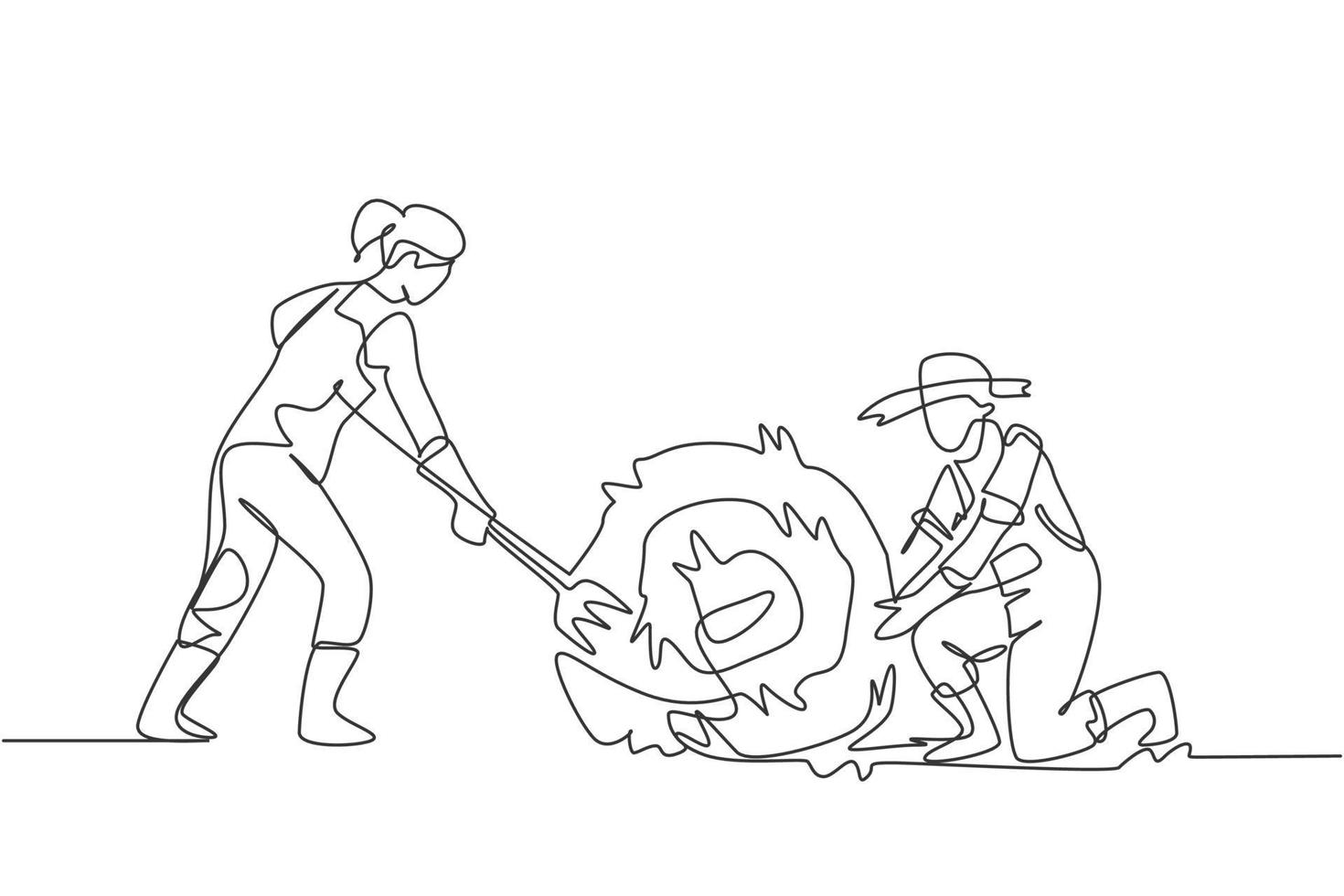 Single one line drawing female farmer was stabbing a haystack and rolling it with straw stick and the male farmer was helping her. Minimalism concept. One line draw design graphic vector illustration.