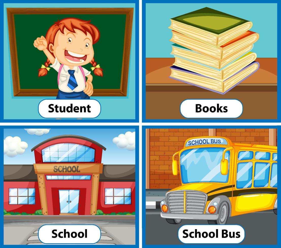 Educational English word card of School objects set vector