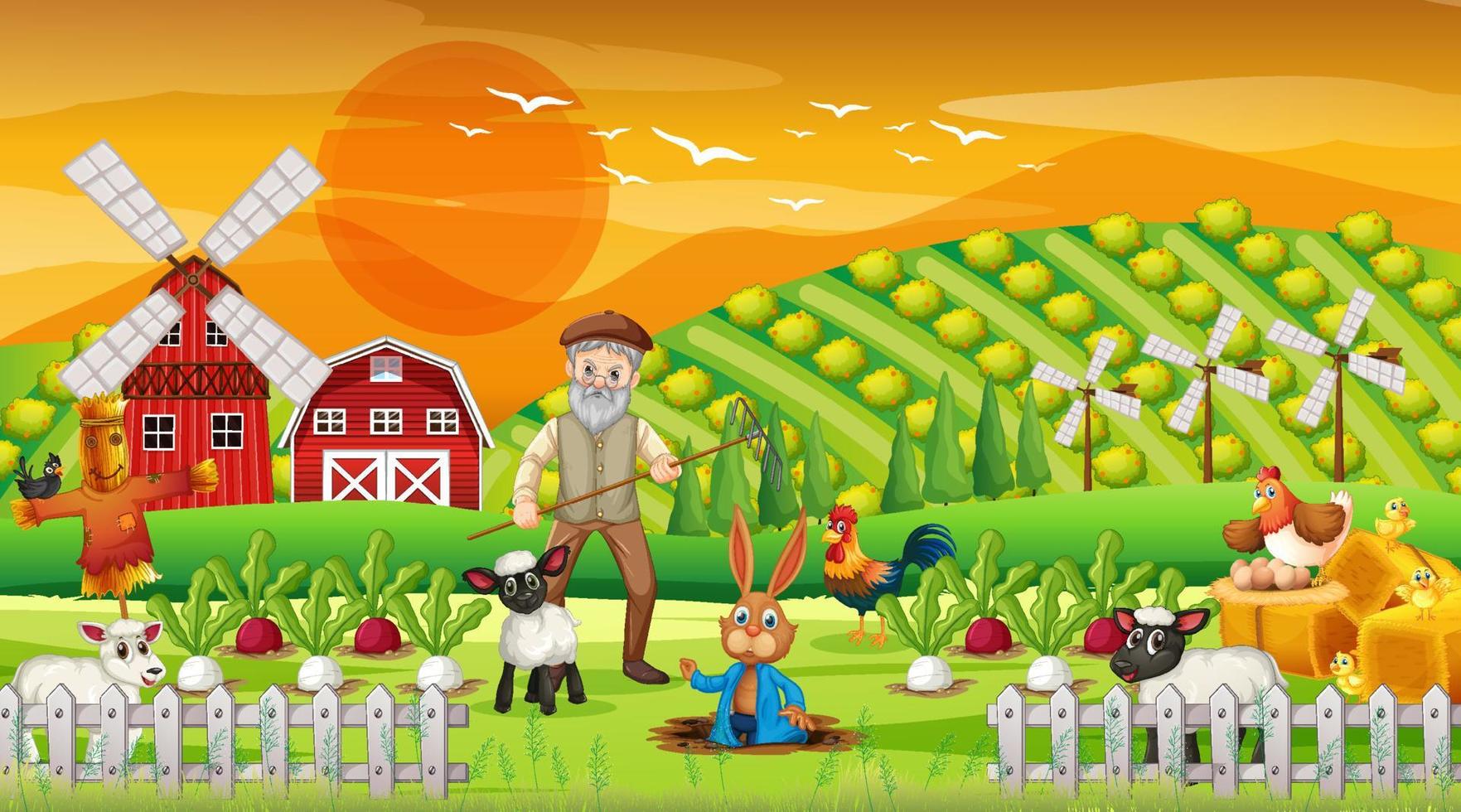 Farm at sunset time scene with old farmer man and farm animals vector