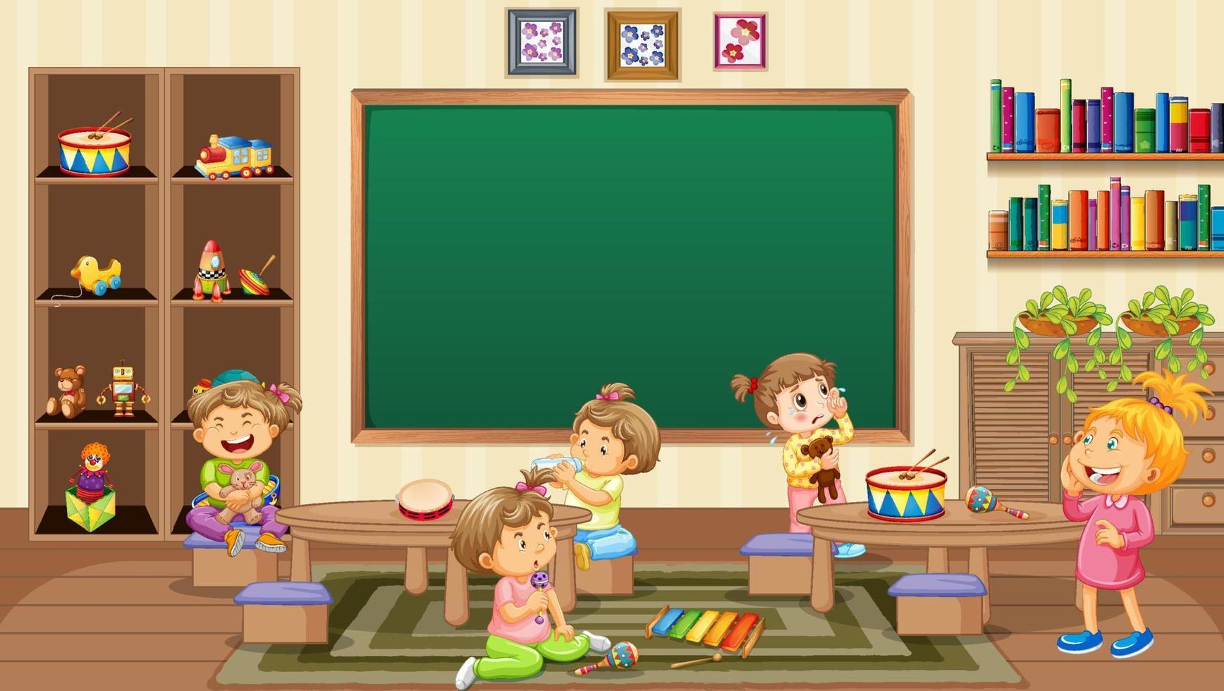 Nursery school scene with many little kids vector
