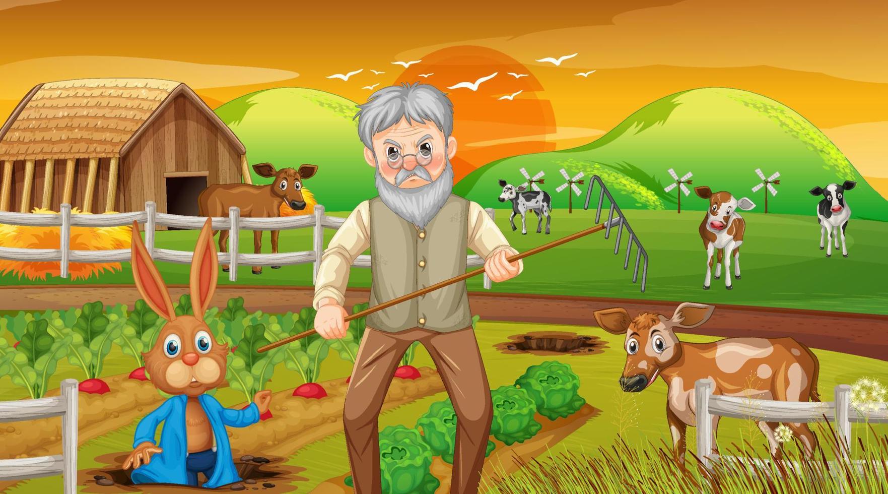 Farm at sunset time scene with old farmer man and farm animals vector