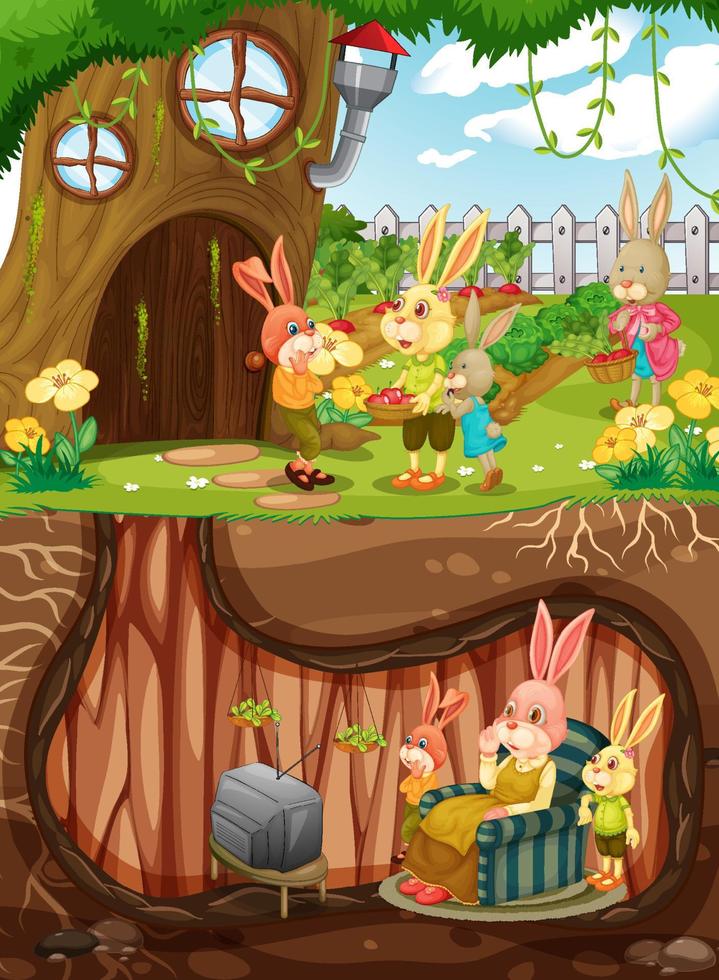Rabbit family living in hollow underground with ground surface of the garden scene vector