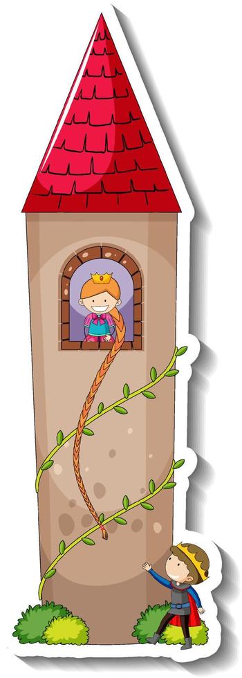 Plantilla de pegatina con rapunzel en la torre del castillo aislada vector