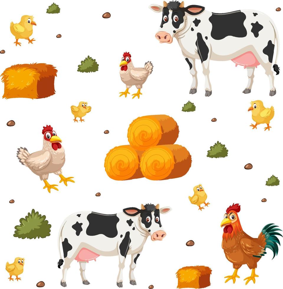 Seamless pattern with cute farm animals on white background vector