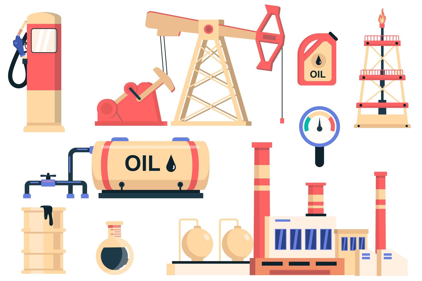 Oil industry isolated elements set. Bundle of gas station, fuel canister, oil barrel, production machines, production plant and other. Creator kit for vector illustration in flat cartoon design