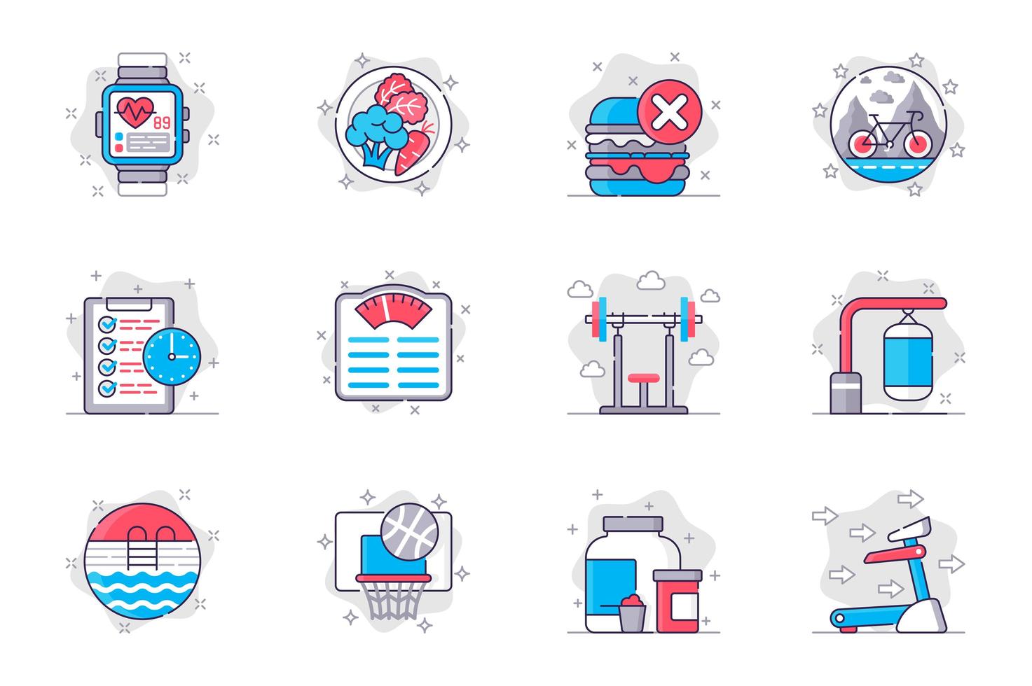 Fitness concept flat line icons set. Healthy lifestyle and sports activity. Bundle of diet, bike, barbell, punching bag, pool, basketball, other. Vector conceptual pack outline symbols for mobile app