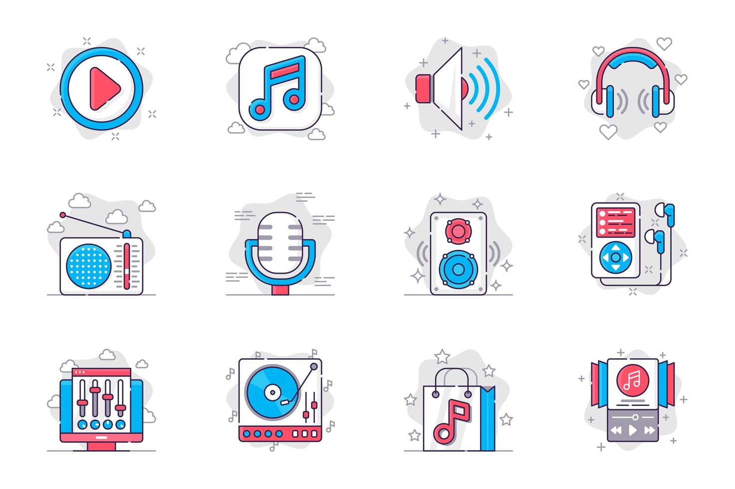 Music and radio station concept flat line icons set. Musical equipment and broadcasting. Bundle of volume, headphone, microphone, audio and other. Vector conceptual pack outline symbols for mobile app