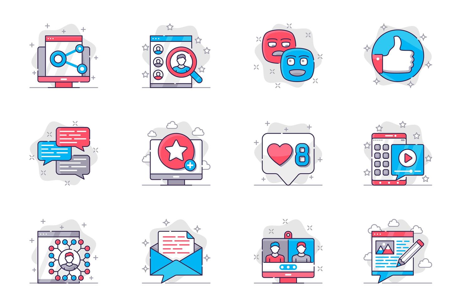 Social media concept flat line icons set. Networking and online communication. Bundle of link, search, user, emoticon, like, chat, rating, other. Vector conceptual pack outline symbols for mobile app